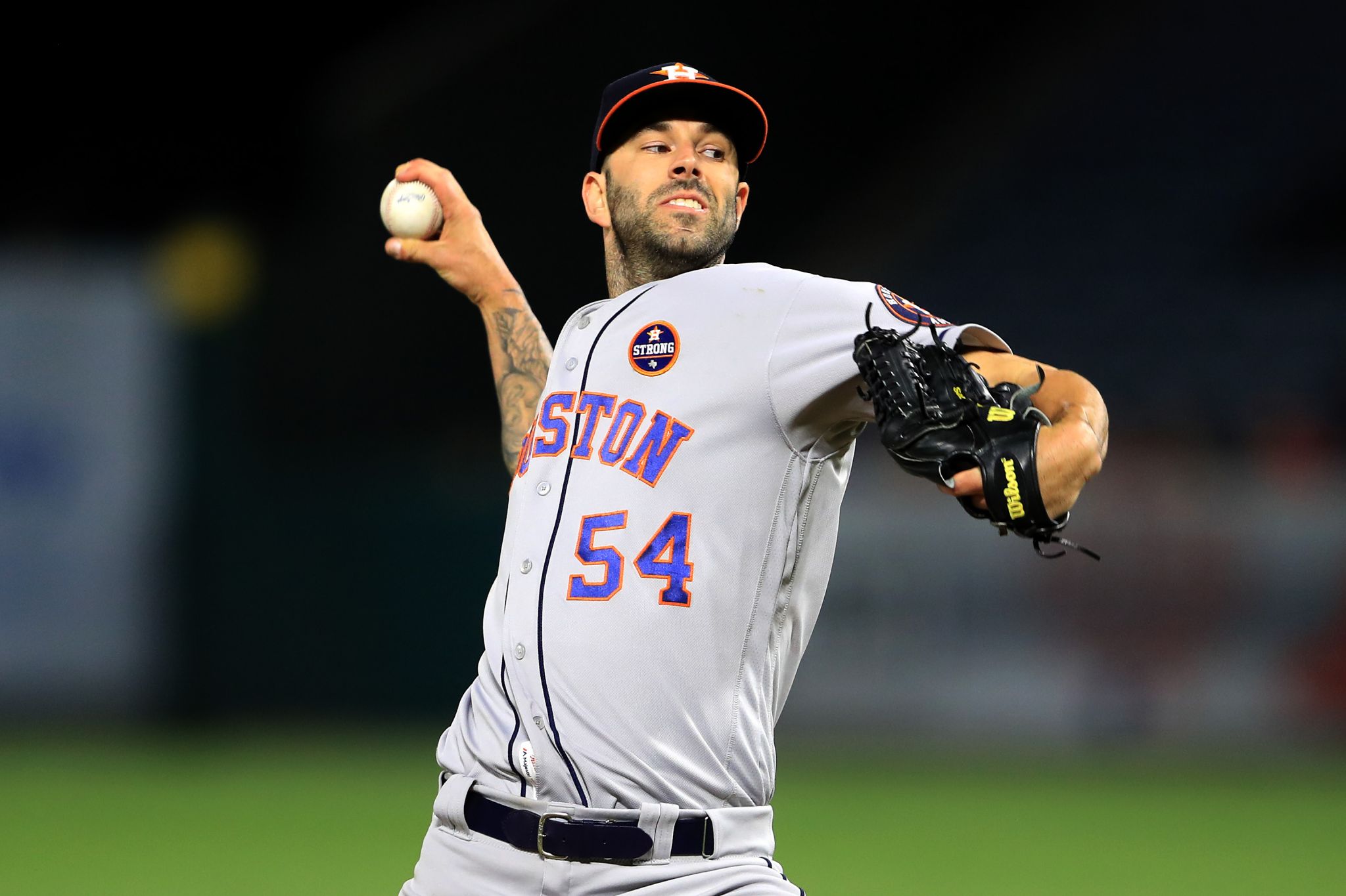 AUG 21 2015: Houston Astros pitcher Mike Fiers #54 delivers a pitch during  the MLB baseball interleague game between the Houston Astros and the Los  Angeles Dodgers from Minute Maid Park in