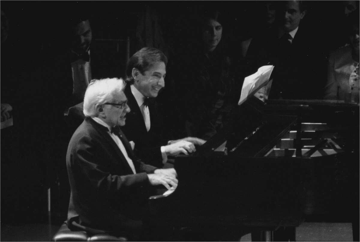 Leonard Bernstein and Michael Tilson Thomas during the 1988 premiere of Bernstein's "Arias and Barcarolles"