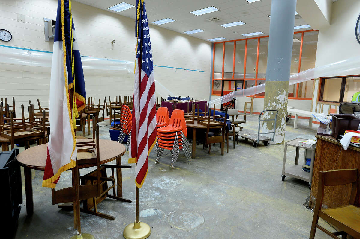 Flood damage in the library at Vidor Middle School. Click through to see post-Harvey damage to SE Texas-area schools.