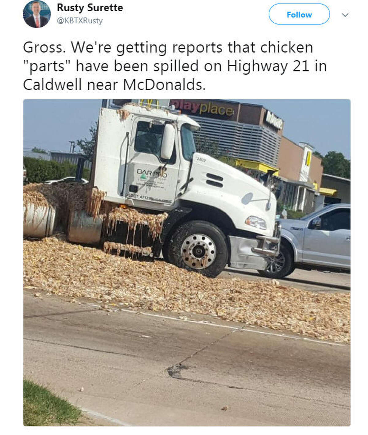 Rusty Surette, a reporter with news station KBTX, tweeted a picture of chicken parts that spilled on Highway 21 in Caldwell, Texas on Sept. 14, 2017. Image source: Twitter See where the best spots in Houston are to get fried chicken.