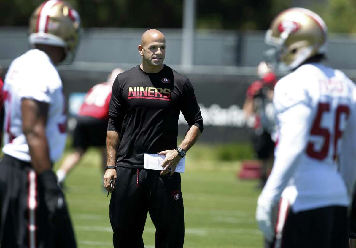 Defensive Coordinator Robert Saleh supervises a drill for the linebackers during a San Francisco 49ers team practice in Santa Clara, Calif. on Wednesday, May 31, 2017.