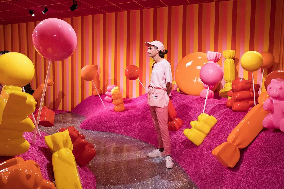 Silk Worm works in the Gummy Garden room at the Museum of Ice Cream in San Francisco, Calif., on Sunday, September 17, 2017. The pop-up exhibit opened to the public on Sunday.