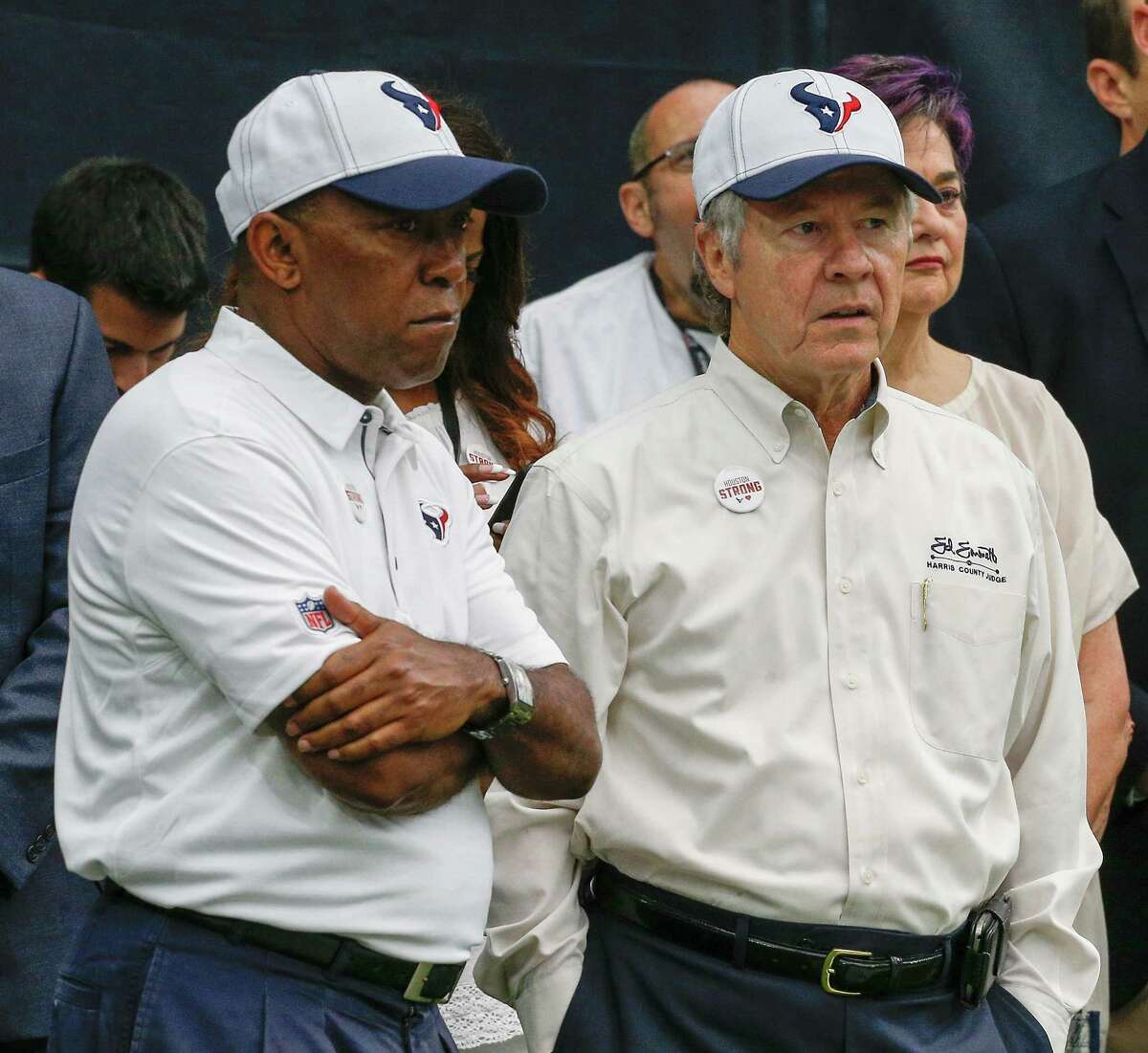 HOUSTON, TX - SEPTEMBER 10: Houston mayor Sylvester Turner (L) and Harris County Judge Ed Emmett watch from the sidelines before the Houston Texans played the Jacksonville Jaguars at NRG Stadium on September 10, 2017 in Houston, Texas. (Photo by Bob Levey/Getty Images)
