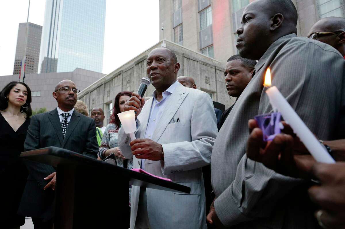 Mayor Sylvester Turner gives remarks during a candlelight ceremony in honor of the victims of hurricane Harvey, held on the steps of City Hall in Houston, TX, Sept. 17, 2017. (Michael Wyke / For the Chronicle)