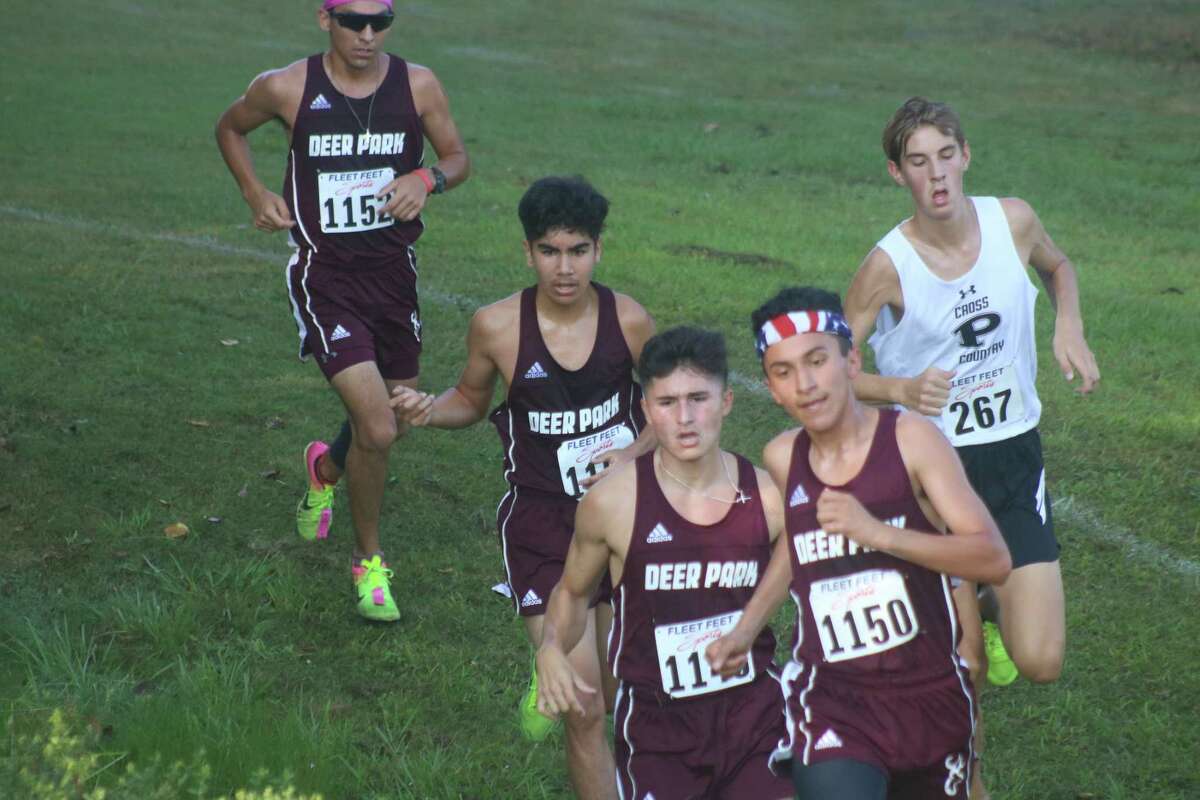 Four Deer Park runners box out Pearland's Michael Clark as the five head down a ditch on the three-mile course Friday morning.