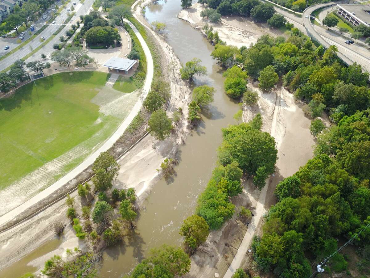 Aerial photos show the sediment that piled up on the banks of Buffalo Bayou.