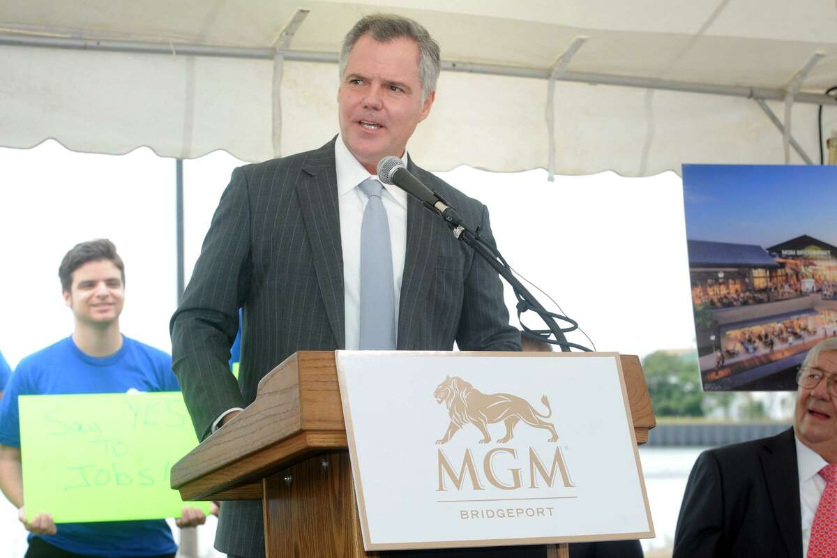 Jim Murren, chairman a of MGM Resorts International speaks at an event announcing MGM Bridgeport, a new waterfront casino and entertainment complex to be built in Bridgeport, Conn. Sept. 18, 2017.