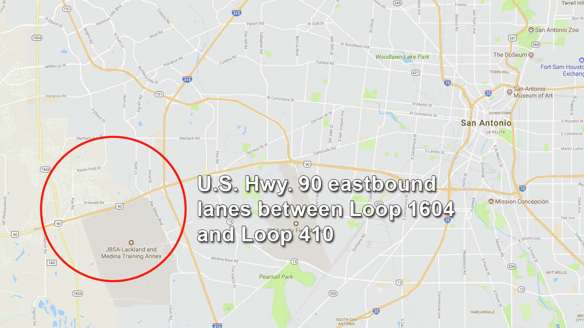 All eastbound lanes U.S. Highway 90 between Loop 1604 and Loop 410 will close each night this week, according to TxDOT.