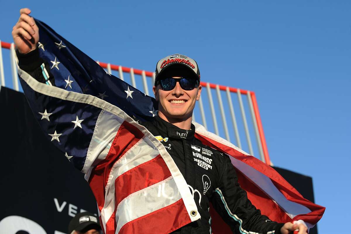 SONOMA, CA - SEPTEMBER 17: Josef Newgarden, driver of the #2 hum by Verizon Chevrolet, celebrates after winning the Verizon IndyCar championship following the Verizon IndyCar Series GoPro Grand Prix of Sonoma at Sonoma Raceway on September 17, 2017 in Sonoma, California. (Photo by Robert Reiners/Getty Images)