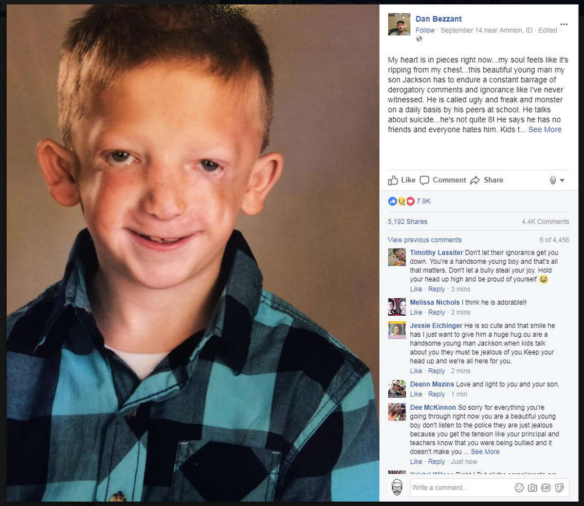 As a way to help cope with his son being relentlessly bullied in school, Dan Bezzant shared his family's story on Facebook and received thousands of comments in support. 