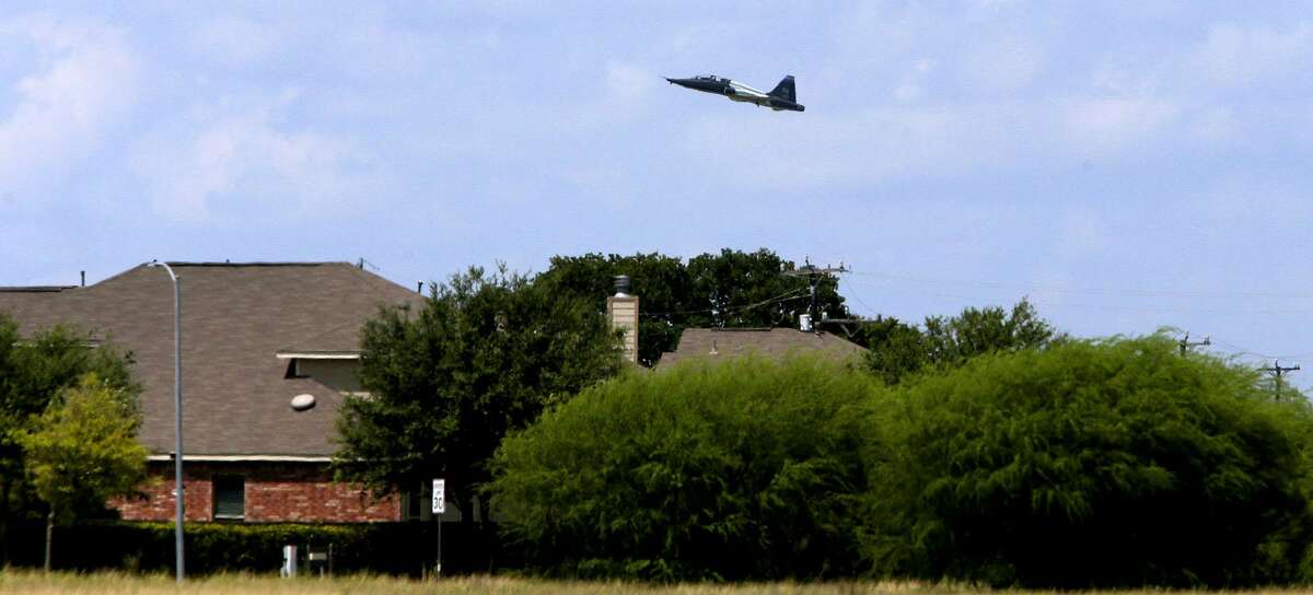 A U.S. Air Force T-38 trainer takes off from Joint Base San Antonio-Randolph Monday August 21, 2017 near Schertz, Texas. The planes are taking off near an area known as an APZ or Accident Potential Zone. Subdivisions are currently being built in areas close to these APZ areas.