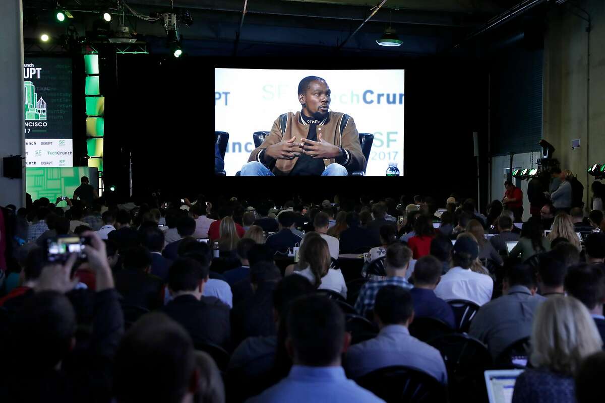 Golden State Warriors' star Kevin Durant of Durant Company/Thirty Five Media is projected to the audience during TechCrunch Disrupt in San Francisco, Ca., on Tuesday September 19, 2017.