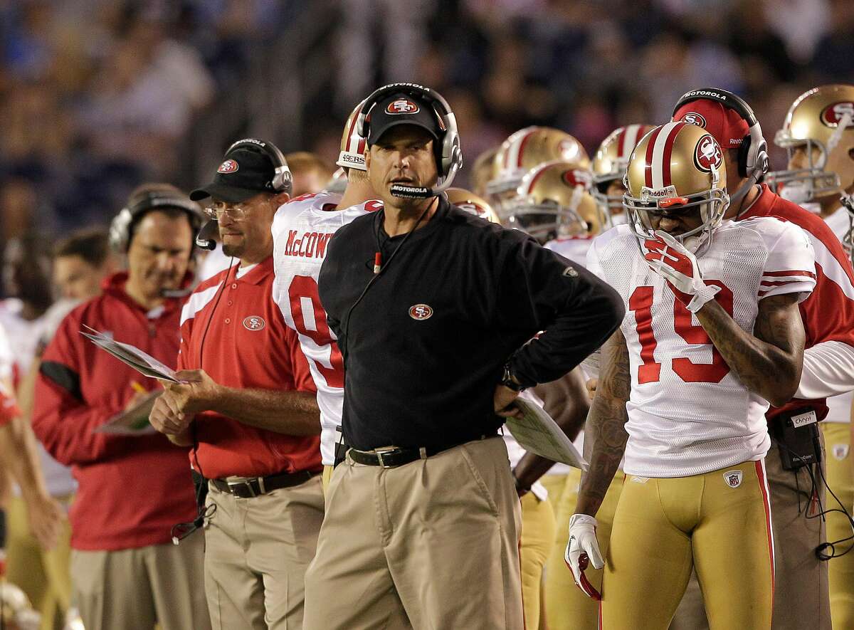 San Francisco 49ers coach Jim Harbaugh during the first half of a NFL preseason football game against the San Diego Chargers Thursday, Sept. 1, 2011 in San Diego.