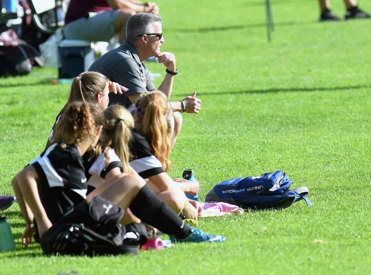 Bethlehem head coach Tom Rogan instructs his players against Burnt Hills-Ballston Lake during the first half of a girl's high school soccer game on Tuesday, Sept. 19, 2017, in Burnt Hills, N.Y. (Hans Pennink / Special to the Times Union) ORG XMIT: HP102