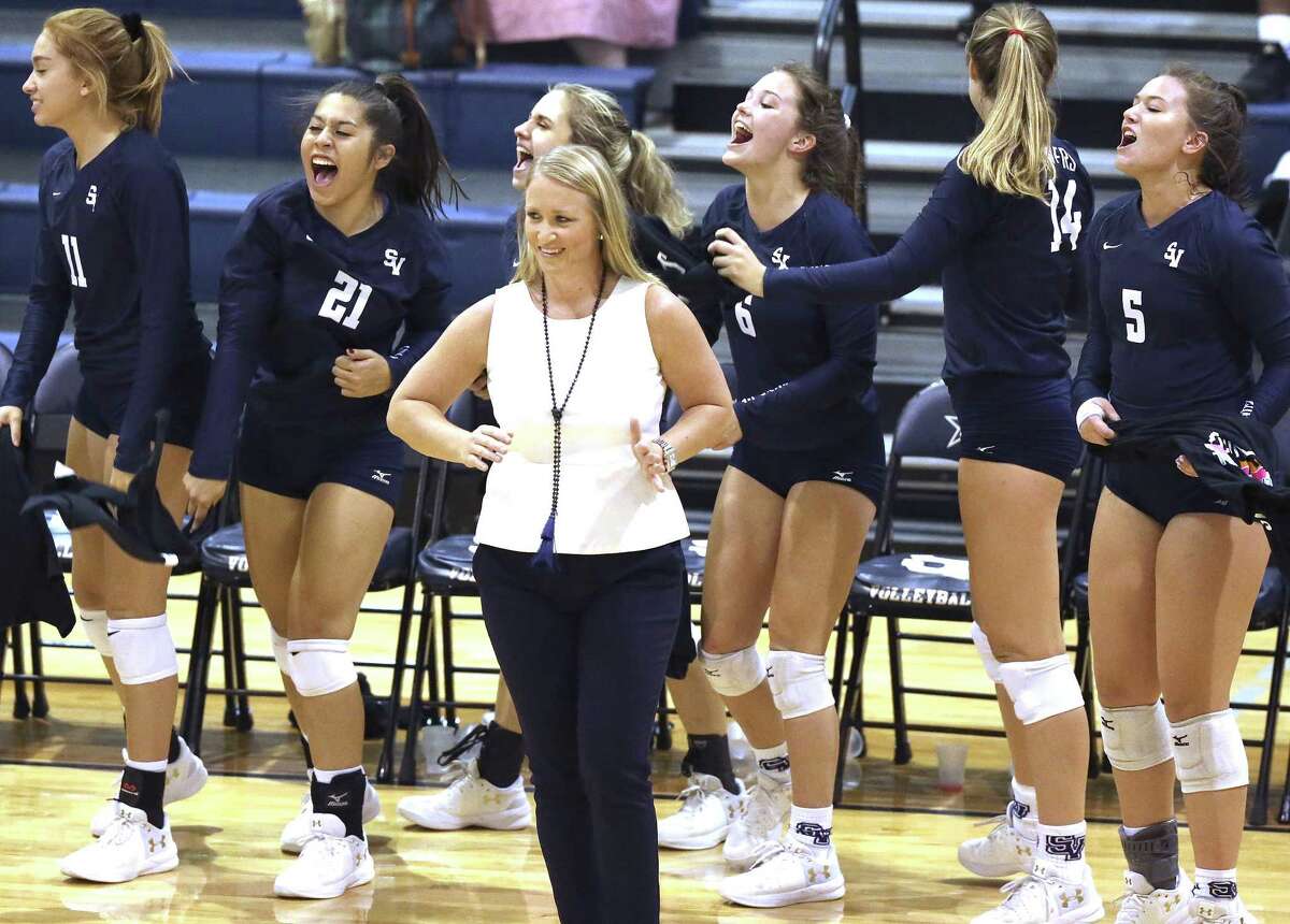Ranger coach Courtney Patton cheers her team as Smithson Valley hosts Clemens in volleyball on September 19, 2017.