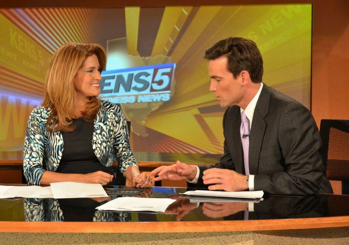 Former KENS anchor Jeff Goldblatt chats on the set during his years (2012-2015) with newscast partner, Sarah Lucero. These days. . .