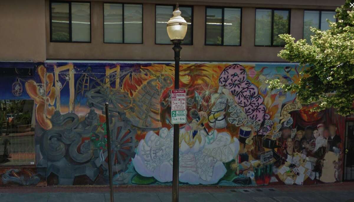 The 'Vallejo Rising' mural on the west side of 401 Georgia St., Vallejo, prior to being painted over by a 'Transformers Universe: Bumblee' production crew in September 2017.