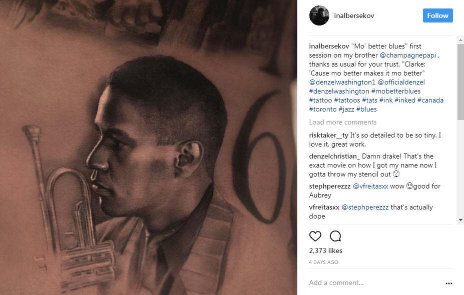 Drake adds tattoo of Denzel Washington's face to portrait collection