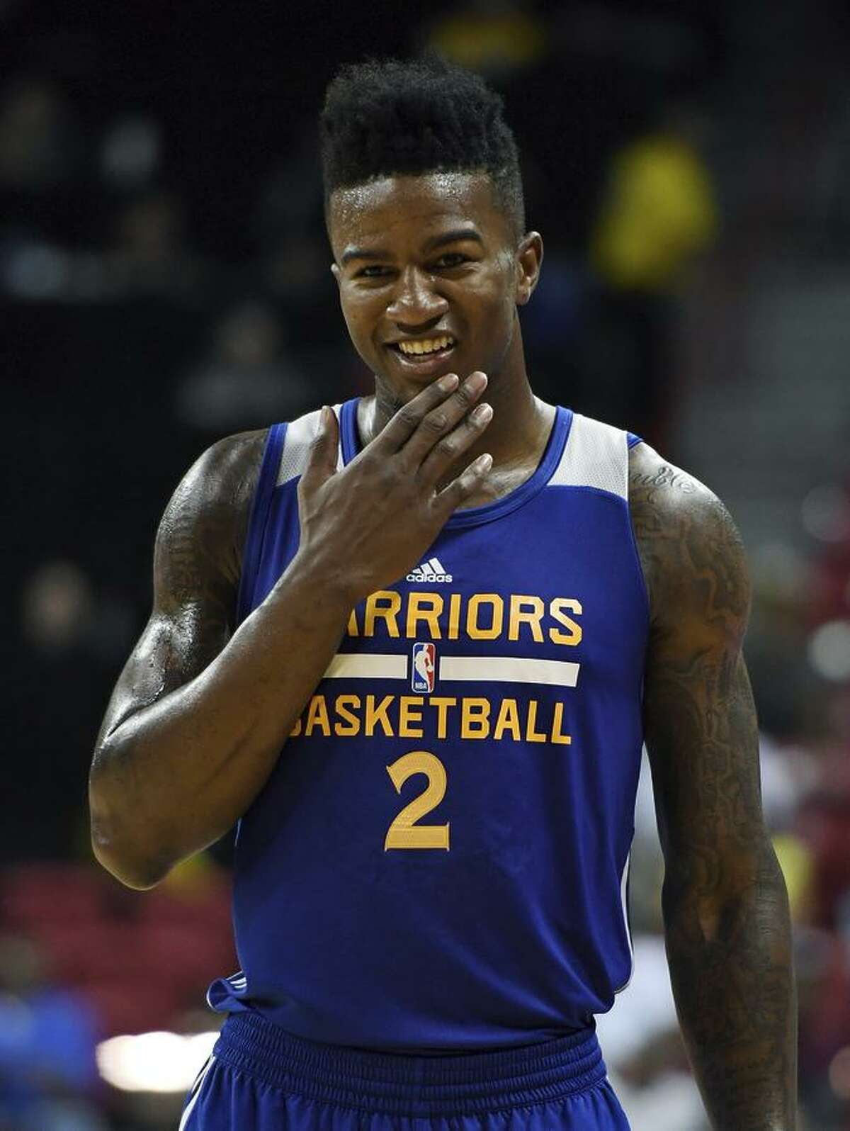 LAS VEGAS, NV - JULY 12: Jordan Bell #2 of the Golden State Warriors smiles on the court during a 2017 Summer League game against the Minnesota Timberwolves at the Thomas & Mack Center on July 12, 2017 in Las Vegas, Nevada. Golden State won 77-69. NOTE TO USER: User expressly acknowledges and agrees that, by downloading and or using this photograph, User is consenting to the terms and conditions of the Getty Images License Agreement. (Photo by Ethan Miller/Getty Images)