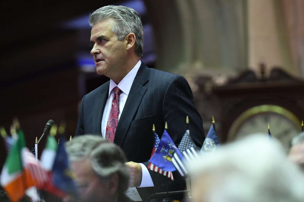 Assemblyman Steve McLaughlin (R,C,I-Troy) questions Assembly Ways and Means Committee Chair, Assemblyman Herman Farrell Jr., on the state budget during session on Friday, April 7, 2017, at the Capitol in Albany, N.Y. (Will Waldron/Times Union)