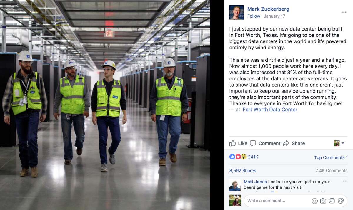 "This site was a dirt field just a year and a half ago. Now almost 1,000 people work here every day," Zuckerberg mused after donning a hard hat to visit a data center in Fort Worth, Texas.