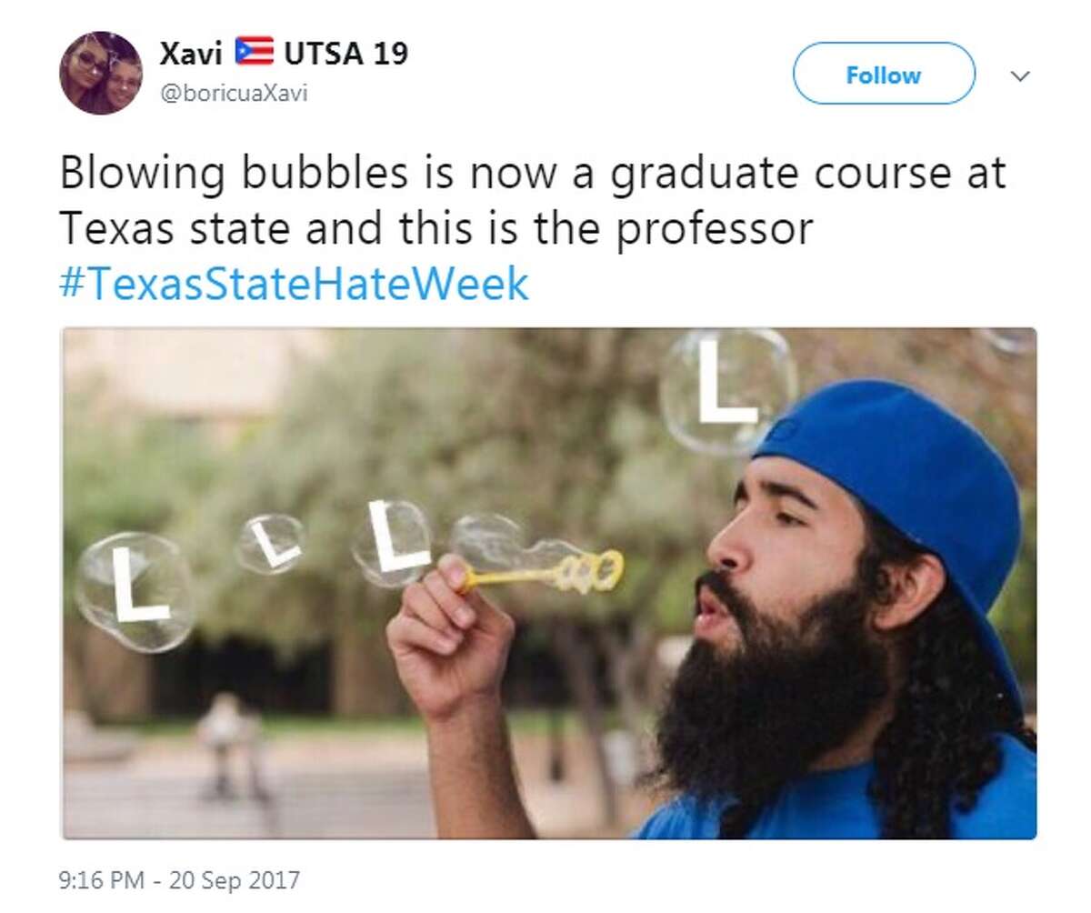 @boricuaXavi: Blowing bubbles is now a graduate course at Texas state and this is the professor #TexasStateHateWeek