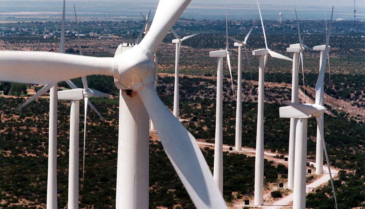 Sleek white wind turbines, 25 stories tall, rise from the plains of West Texas in Big Spring. Texas is one of the windiest states in the nation and the Panhandle and West Texas are the state's windiest regions.