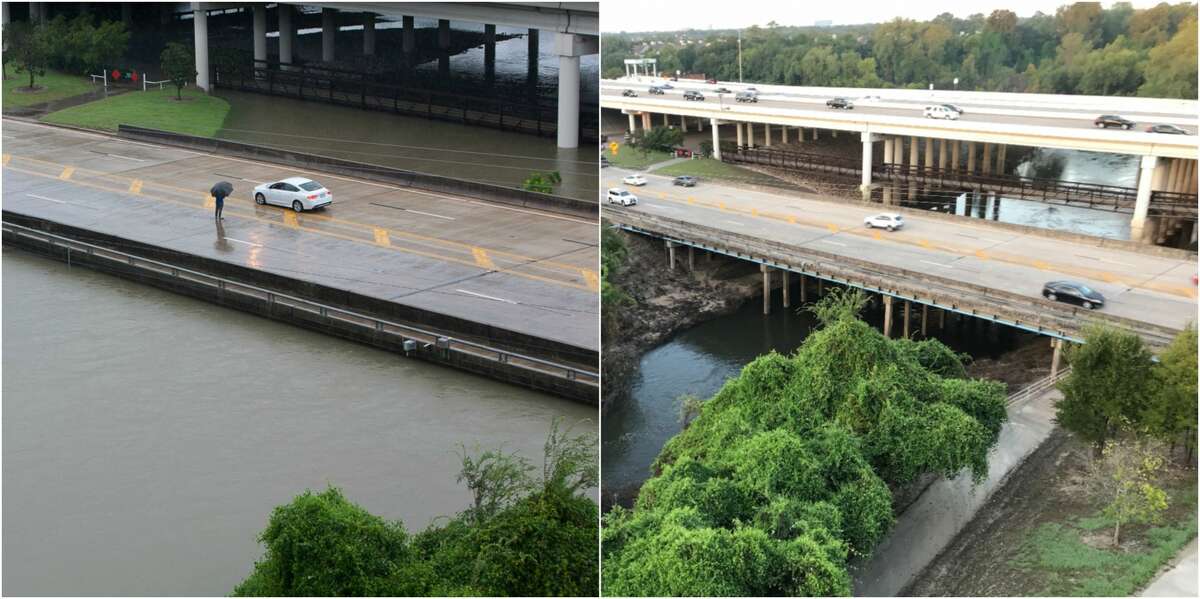 Before and after photo of flooding at Buffalo Bayou and the Beltway.