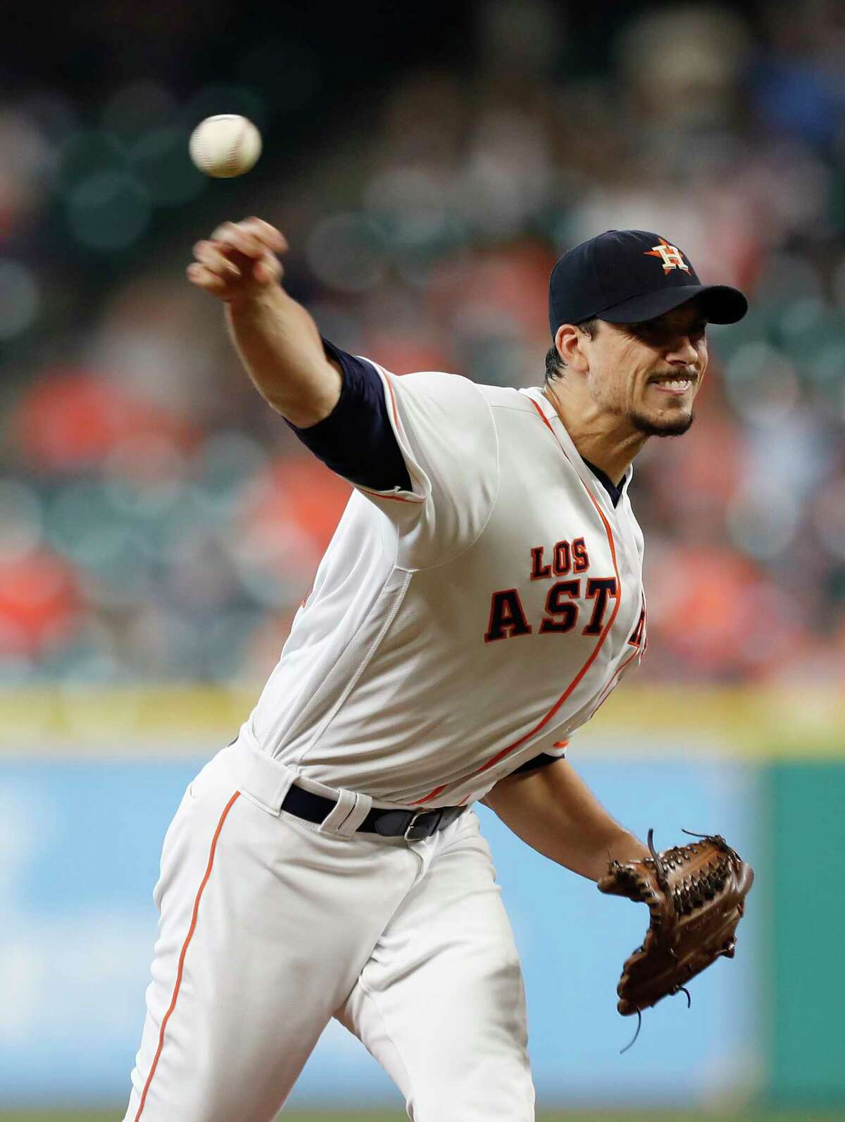 Houston Astros starting pitcher Charlie Morton (50) pitches during the first inning of an MLB baseball game at Minute Maid Park, Saturday, Sept. 23, 2017, in Houston.