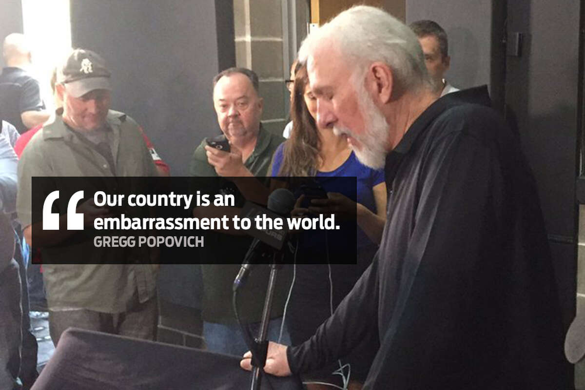 "Our country is an embarrassment to the world."  Spurs Coach Gregg Popovich speaks out about U.S. politics and President Donald Trump during Spurs Media Day on Monday, Sept. 25, 2017.