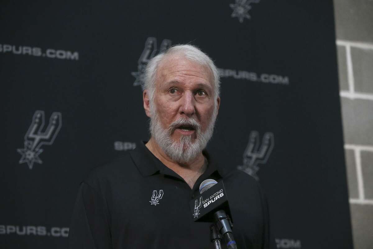 San Antonio Spurs coach Gregg Popovich speaks during a press conference during Spurs media day Monday September 25, 2017.