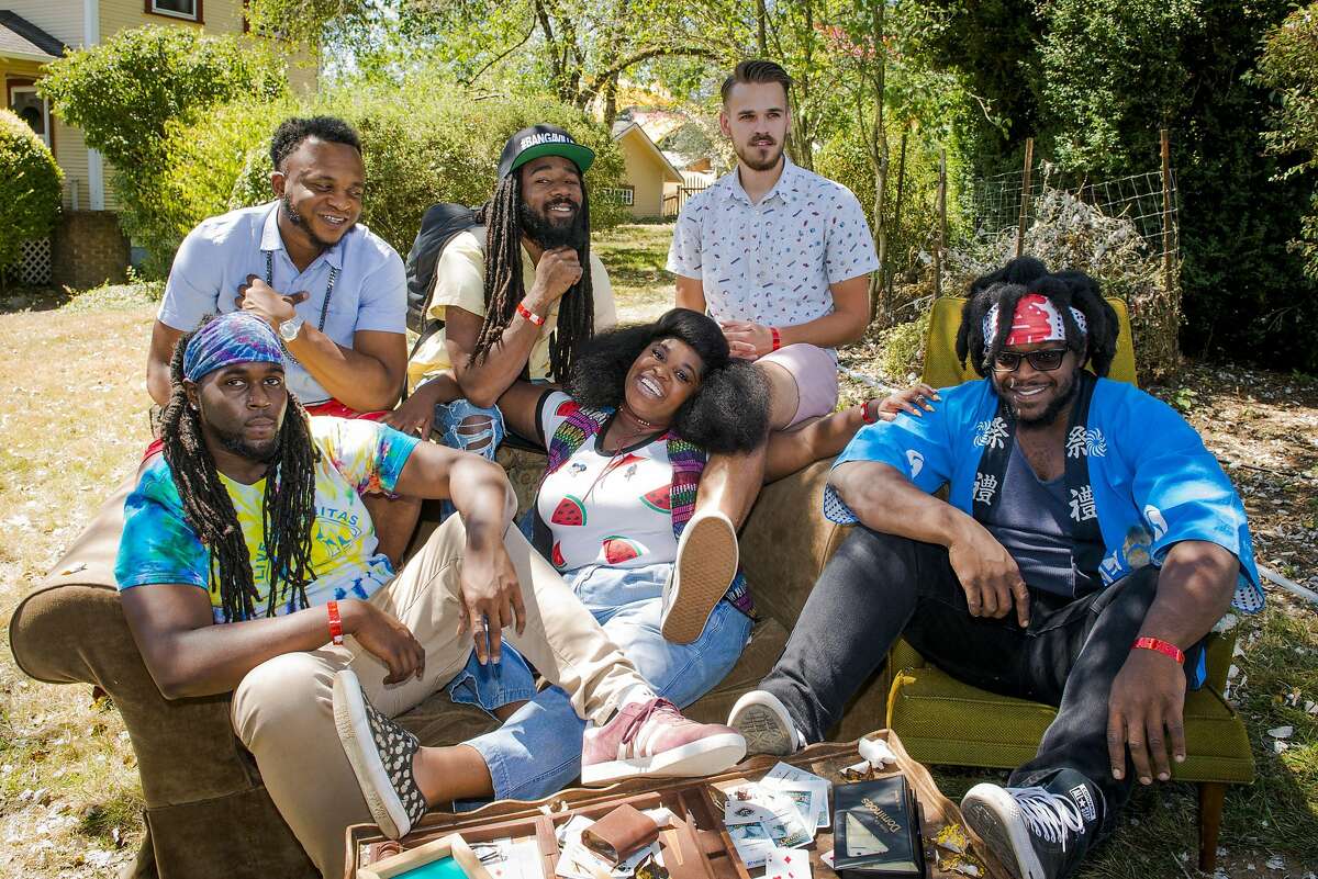 Portrait of Tank and the Bangas (center: Tarriona 'Tank' Ball), backstage at Pickathon Festival at Pendarvis Farm, Happy Valley, Oregon, USA on 5th August, 2017.