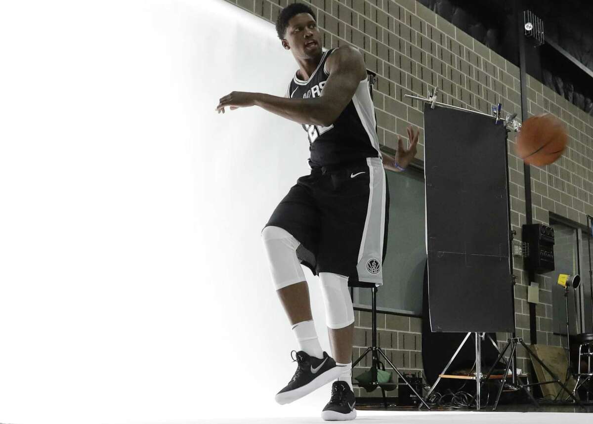 Spurs’ Rudy Gay poses for photos during media day at the team’s practice facility, Monday, Sept. 25, 2017, in San Antonio.