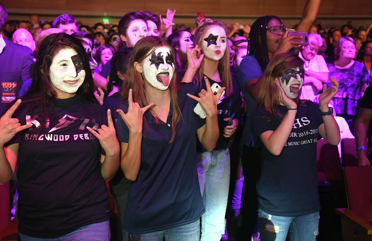 Kingwood High School students join KISS during their performance of "Rock and Roll All Night" during their fundraising campaign at Smart Financial Centre in Sugar land on Sept. 26, 2017. (Photo by Jerry Baker/Freelance)