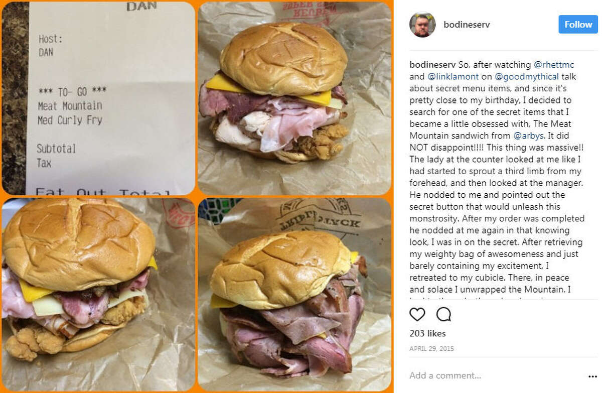 ARBY'S MEAT MOUNTAIN AVAILABILITY:Limited Locations WHAT'S IN IT:A sandwich piled high with chicken tenders, ham, roasted turkey, swiss cheese, corned beef, Angus steak, brisket, cheddar cheese, roast beef, and topped with bacon.