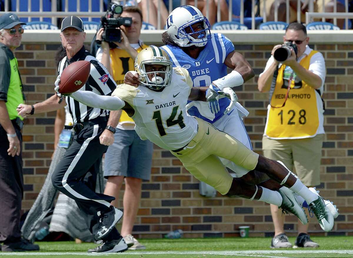 Jeremy McDuffie #9 of the Duke Blue Devils breaks up a pass in the end zone intended for Chris Platt #14 of the Baylor Bears during the game at Wallace Wade Stadium on September 16, 2017 in Durham, North Carolina. (Photo by Grant Halverson/Getty Images)