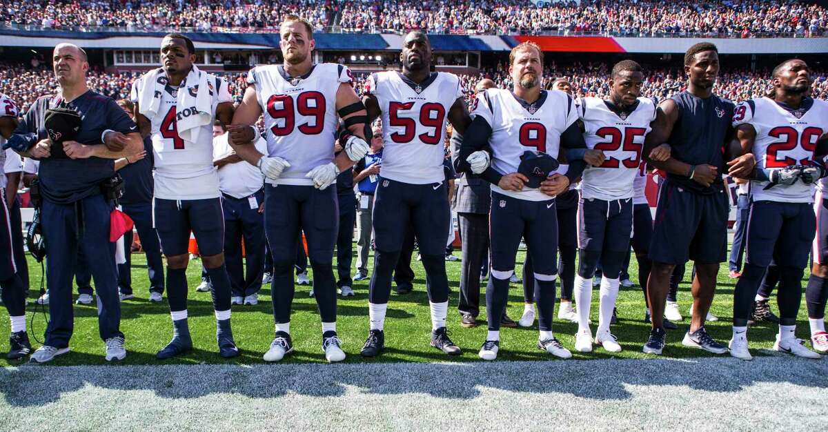 After locking arms during the national anthem before last week's game at New England, the Texans are expected to do so again before Sunday's game against Tennessee at NRG Stadium, said J.J. Watt.