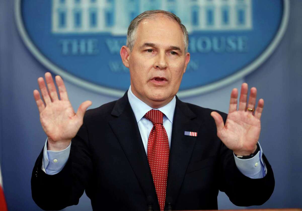 FILE - In this June 2, 2017, file photo, EPA Administrator Scott Pruitt speaks to the media in the Brady Press Briefing Room of the White House in Washington. Employees at the Environmental Protection Agency are attending mandatory training sessions this week to reinforce federal laws and rules against leaking government information. Training materials from the hour-long class were obtained by The Associated Press. (AP Photo/Pablo Martinez Monsivais, File) ORG XMIT: WX102