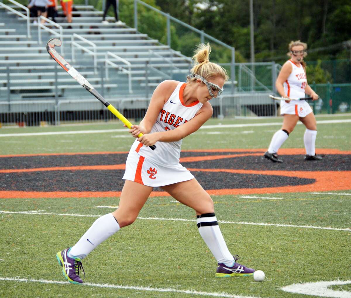 Edwardsville senior Allie Hosto fires a ball down the field during Wednesday’s first half game against Nerinx Hall at the District 7 Sports Complex.