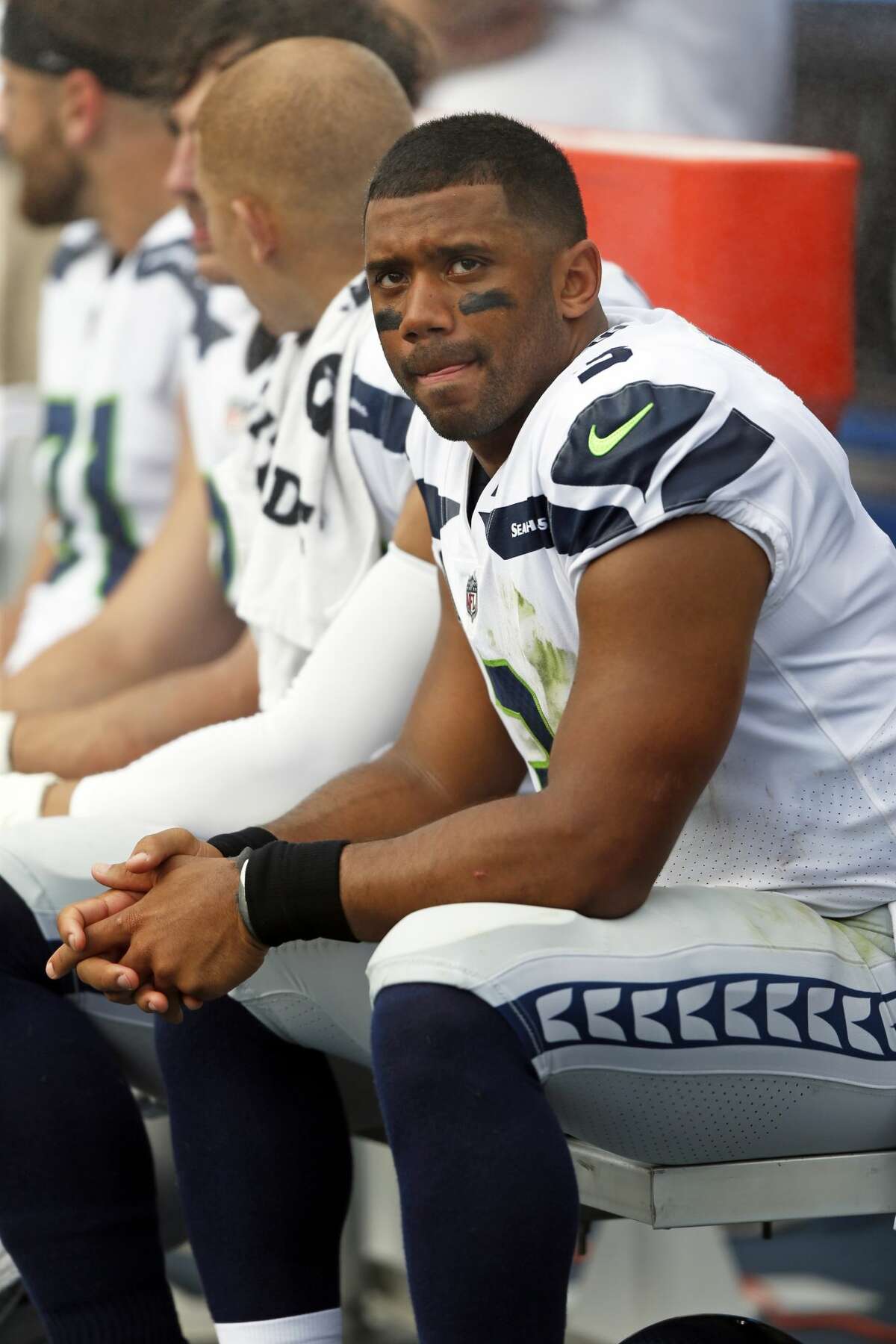 Seattle quarterback Russell Wilson (3) is seen on the sideline during an NFL football game against Tennessee on Sunday, Sept. 24, 2017, in Nashville, Tenn. (AP Photo/Wade Payne)