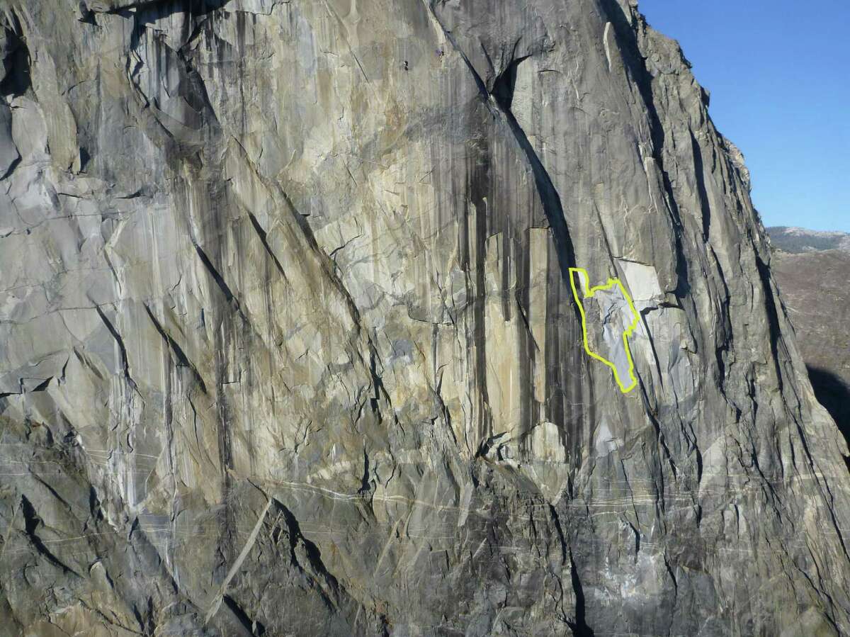 East Buttress of El Capitan in Yosemite National Park, with estimated rockfall drawn in following an rockfall incident on Wednesday, September 27, 2017.