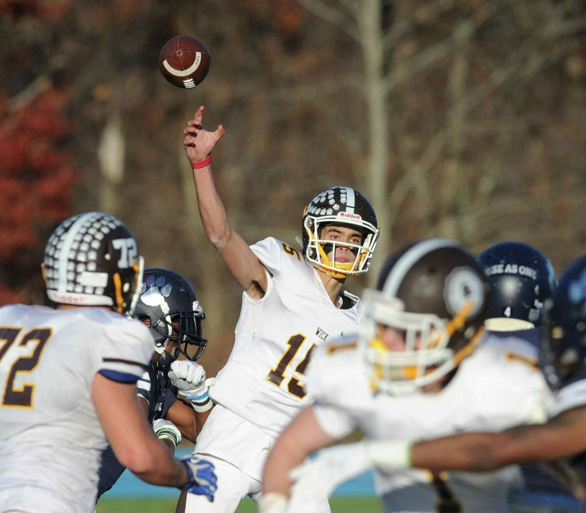 Brunswick quarterback Nick Henkel throws a pass against Cheshire Academy during last year during the Wayne Sanborn Bowl championship game against Cheshire Academy. Cheshire Academy won 45-20. The two teams will meet again tonight in Greenwich.