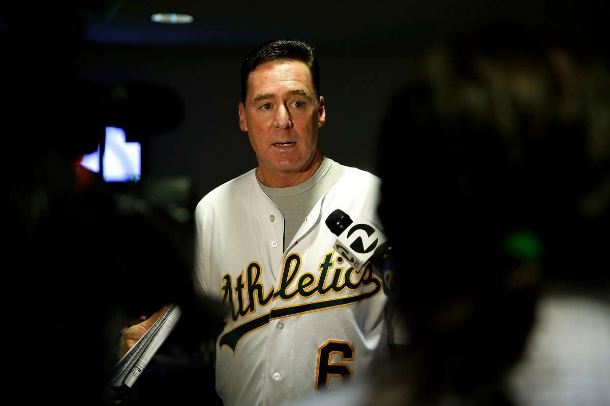 Manager Bob Melvin speaks to reporters before A's Fanfest at the Coliseum in Oakland, California, on Sunday, Jan. 24, 2016.