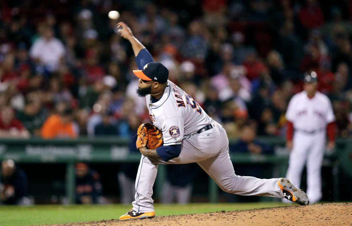 Houston Astros relief pitcher Francis Martes delivers during the sixth inning of a baseball game against the Boston Red Sox at Fenway Park in Boston, Thursday, Sept. 28, 2017. (AP Photo/Charles Krupa)