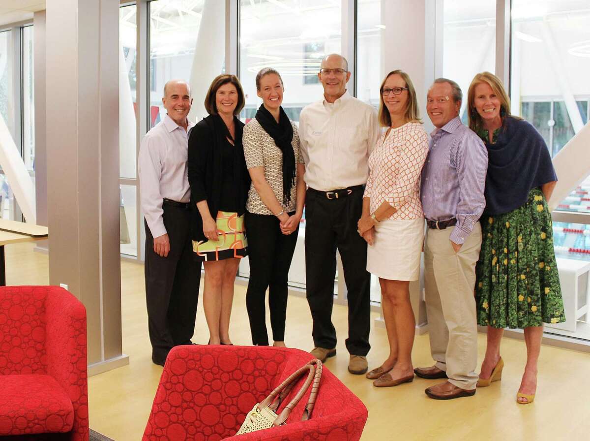 Members of the New Canaan Community Foundation joined New Canaan YMCA representatives to celebrate the opening of the new cafe at the Y. From left, Peter Skaperdas, Kathleen Abbott, Lauren Patterson, Craig Panzano, Sharon Stevenson, Leo Karl and Sharon McClymonds.