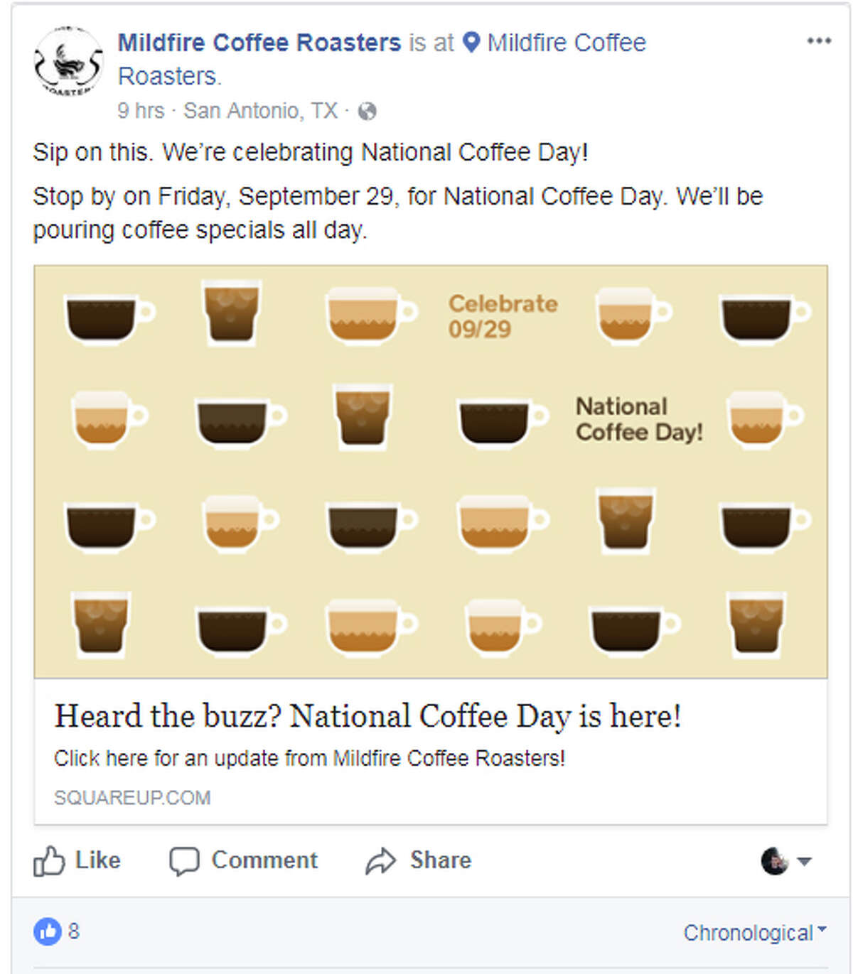 Mildfire Coffee Roasters: 15502 Huebner Rd Ste 101National Coffee Day deals throughout the day.