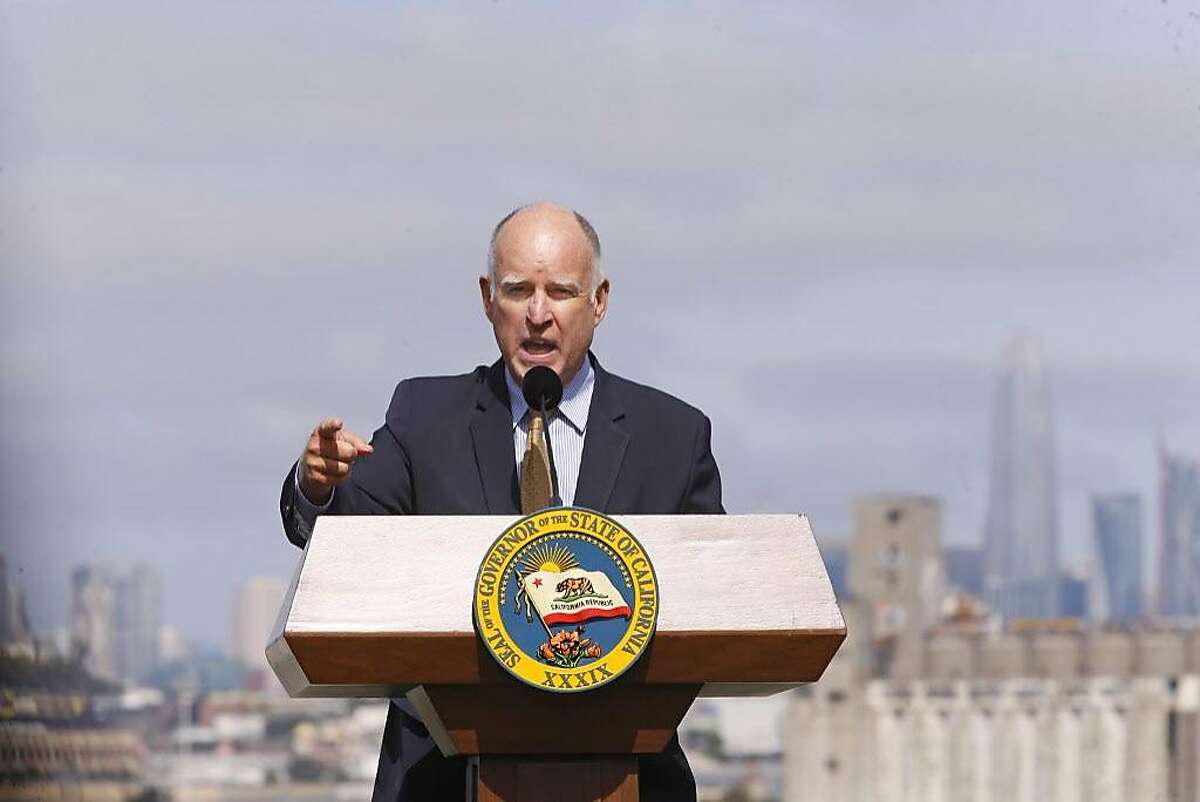 California Governor Jerry Brown delivers remarks before signing a package of affordable housing bills, on Fri. Sept. 29, 2017, at the Hunter's View affordable housing community, in San Francisco, Ca.
