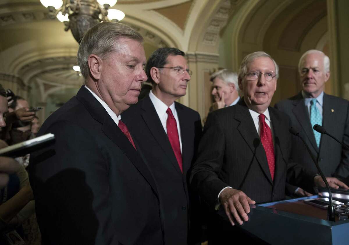 From left, Sen. Lindsey Graham of South Carolina, Sen. John Barrasso of Wyoming, Sen. Bill Cassidy of Louisiana, Senate Majority Leader Mitch McConnell of Kentucky and Majority Whip John Cornyn of Texas speak to reporters as they faced assured defeat on the Graham-Cassidy bill. The Senate should now turn to tweaking Obamacare.