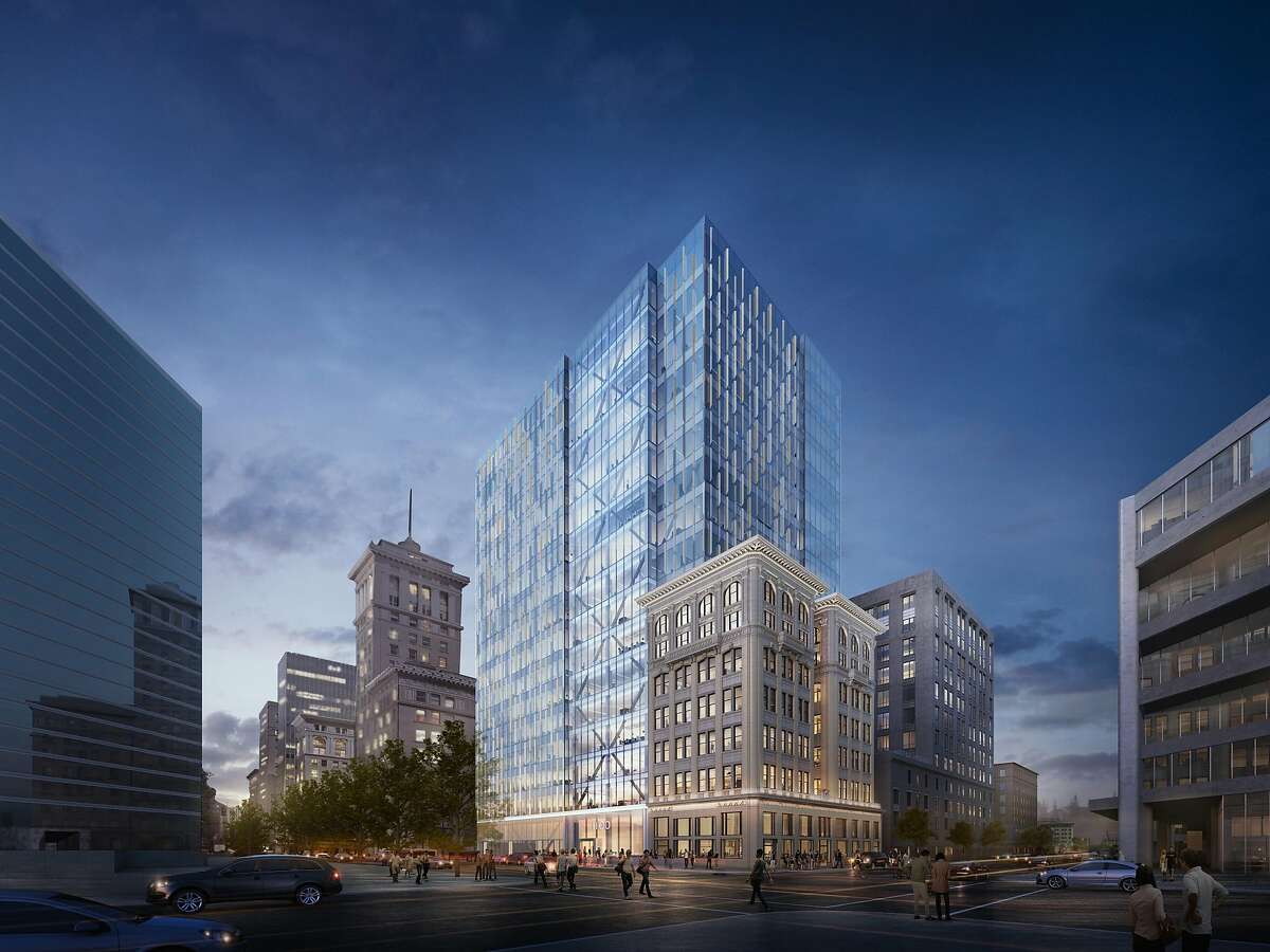 A rendering of the proposed 1100 Broadway project in downtown Oakland. It includes an 18-story office tower and the restoration of the Key Building from 1907.