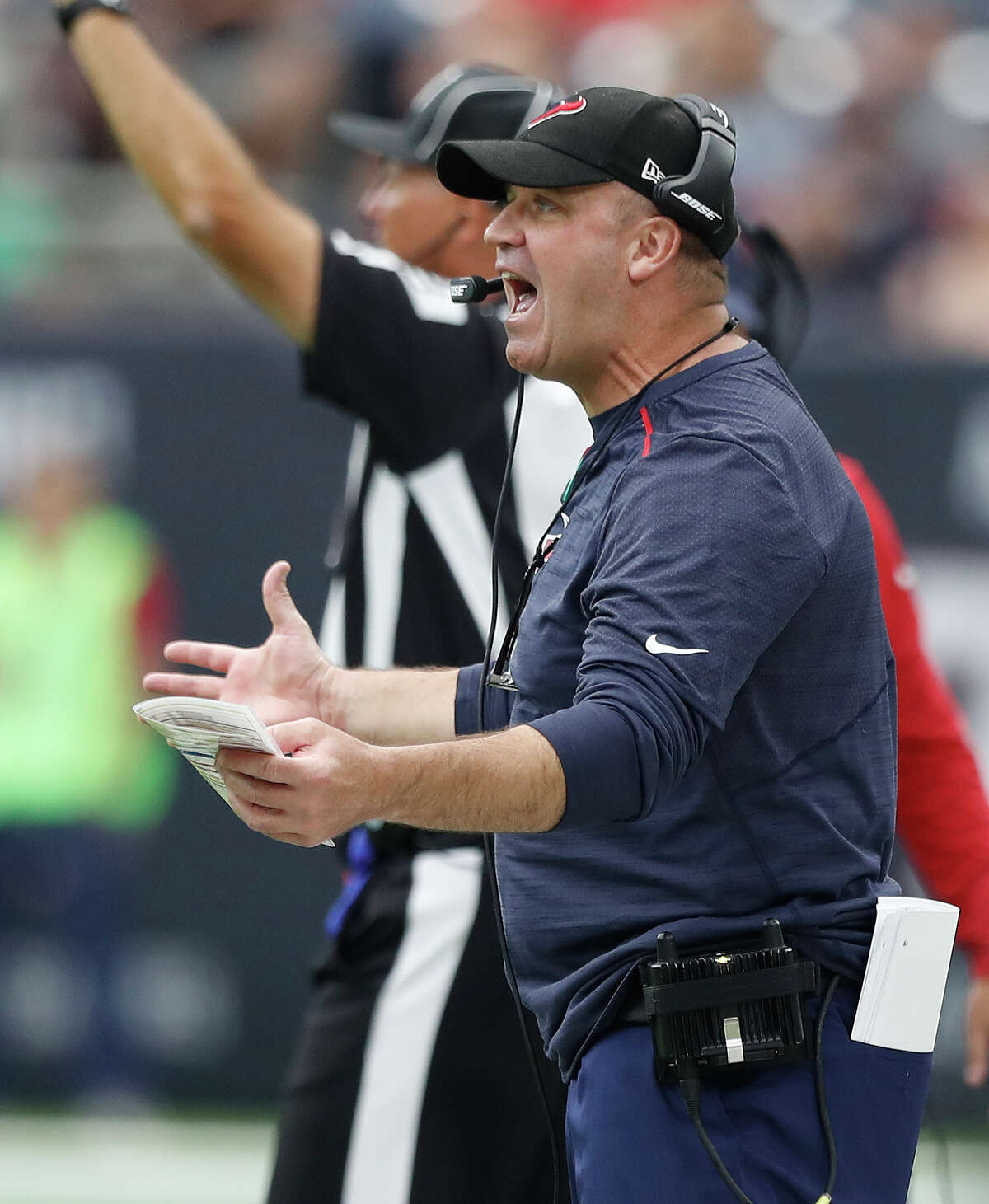 Houston Texans head coach Bill O'Brien argues after a play during the second quarter of an NFL football game at NRG Stadium, Sunday, Oct. 1, 2017, in Houston.